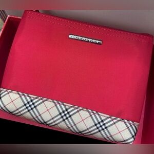 Authentic Burberry Red Plaid Trim Women's Cosmetic Bag